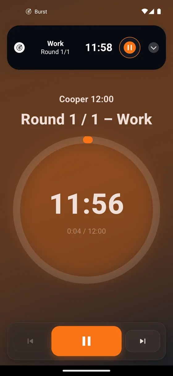 Écran de séance de Burst avec le minuteur circulaire.